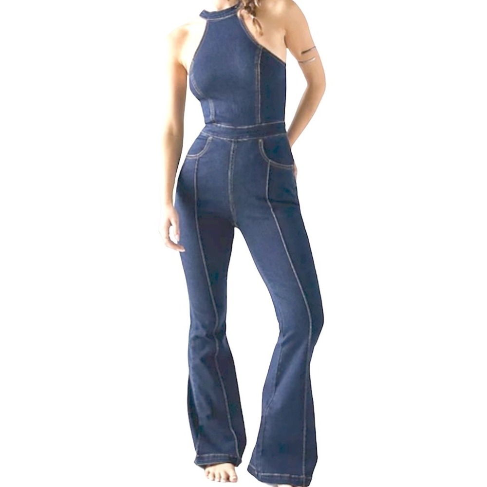 Free People We The Free CRVY Sydney Halter Denim Jumpsuit Flare Leg Blue Size 4